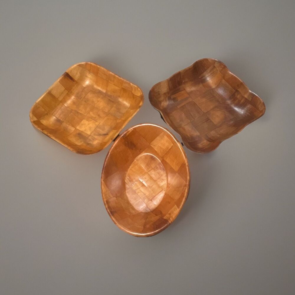 Vintage 3 Wooden Checkered Dinnerware Bowls, Square & Round, Smooth Brown Finish